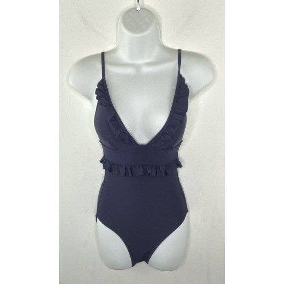 J. Crew $118 Long Torso Ruffle Deep-V One-Piece Swimsuit Size 0 AV682 Navy Blue - Picture 3 of 7